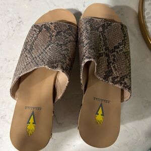 Volatile Snake-Print Slide Wedges in Brown and Tan